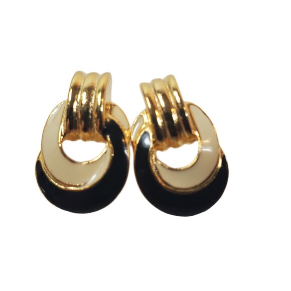 Gold Tone Earrings: Swirl, Twisted Rope, Black & Cream Enamel. Lot of 3 Pairs - Picture 3 of 5